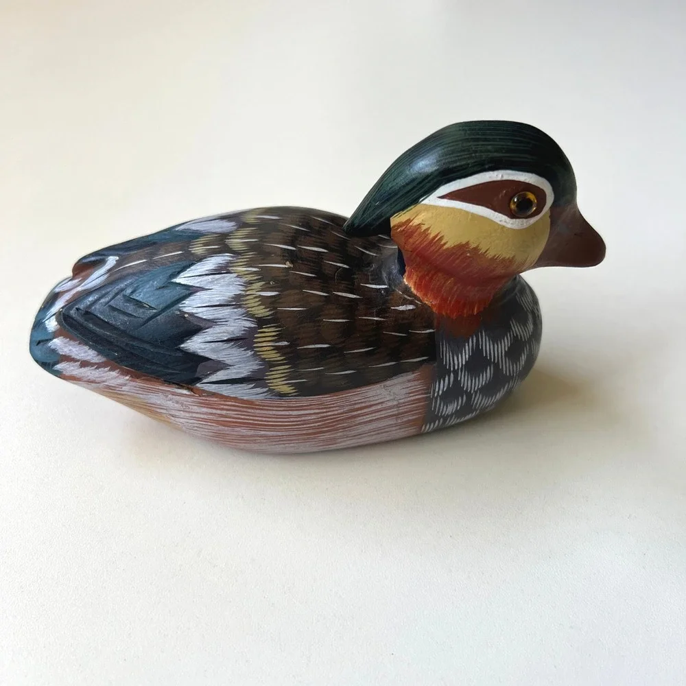 Vintage Hand Carved Wooden Duck Figurine Hand Painted Bird Rustic Cabin Decor
